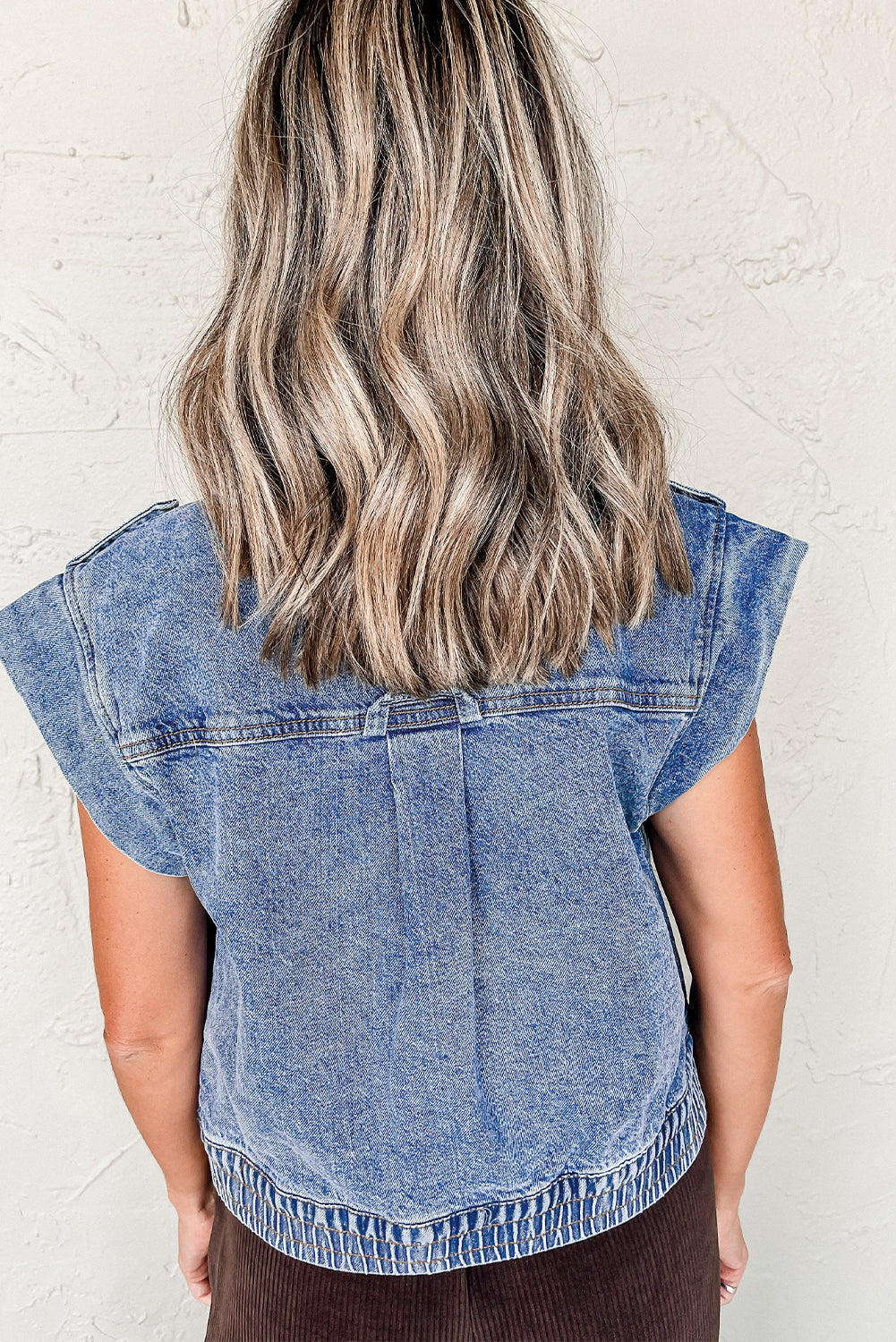 Acid Wash Elastic Hem Button Up Denim Vest