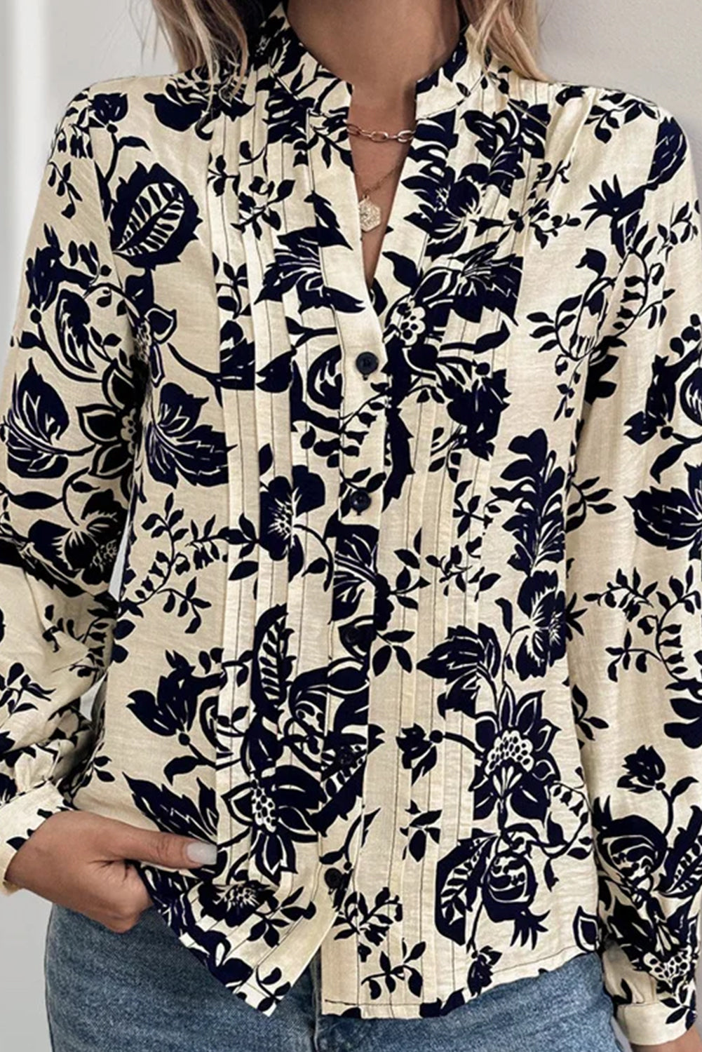 Cream Botanical Print Pleated Button-up Shirt