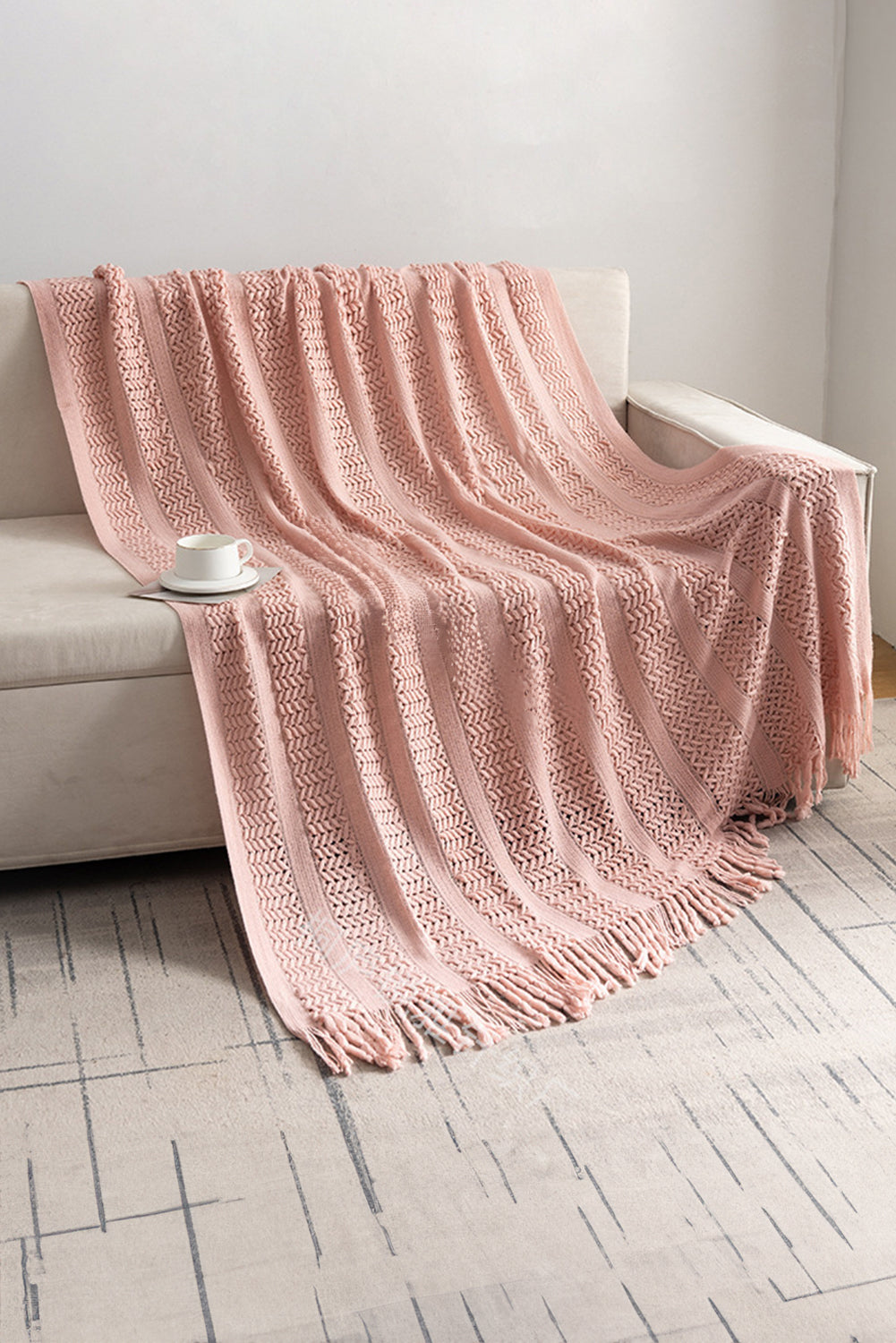 Dusty Pink Hollow Weave Blanket with Tassel