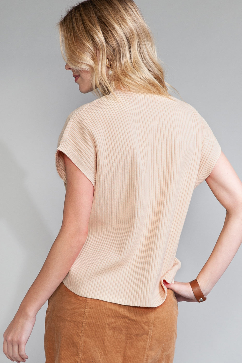 Patch Pocket Ribbed Short Sleeve Sweater