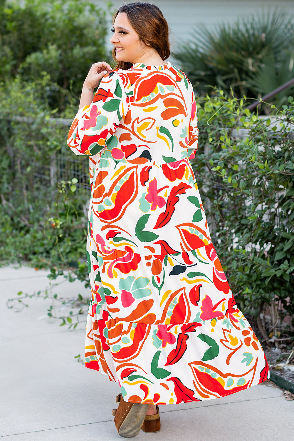 Big Floral Print Drawstring V Neck Tiered Plus Size Dress