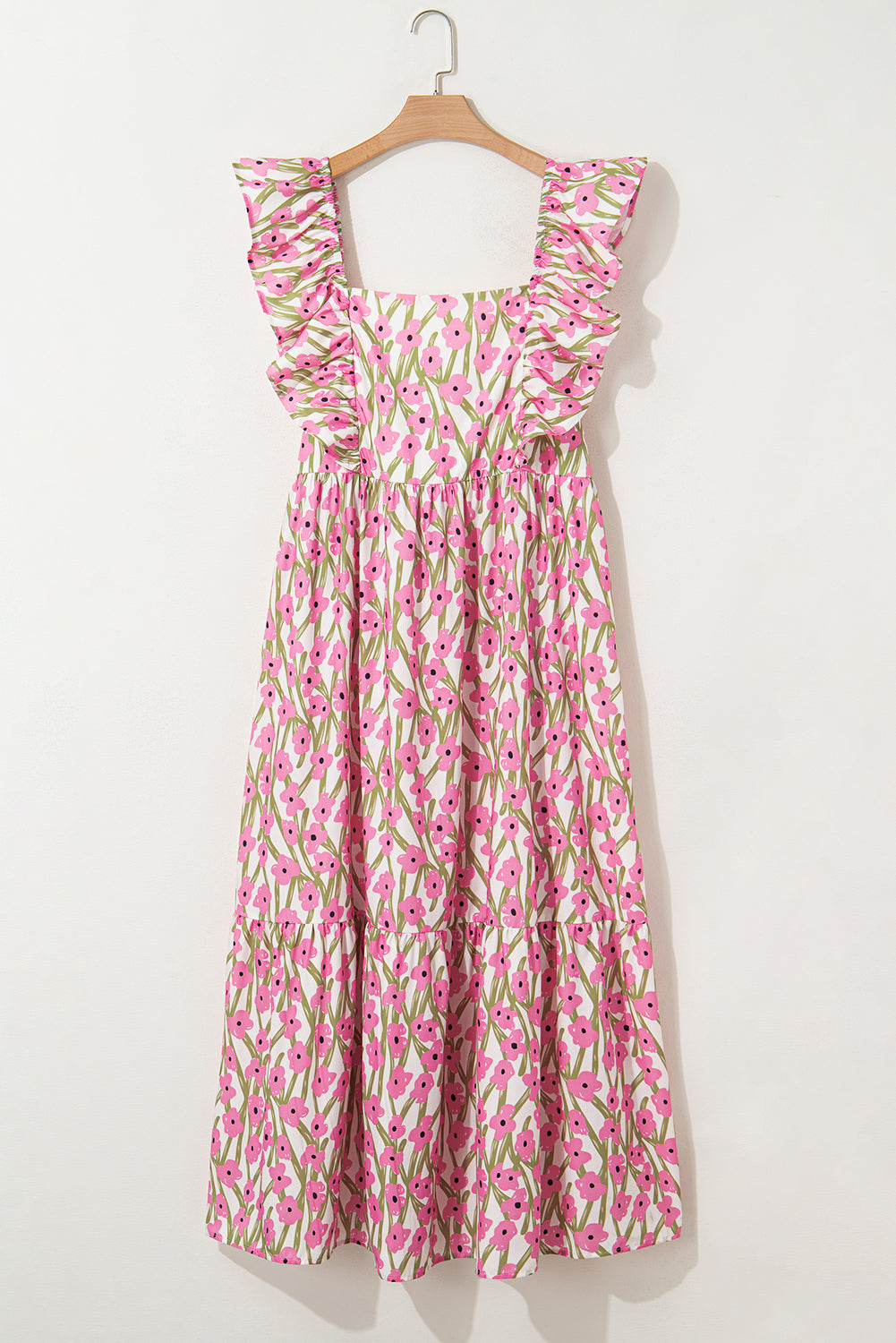 Pink Plus Size Ruffle Trim High Waist Floral Maxi Dress