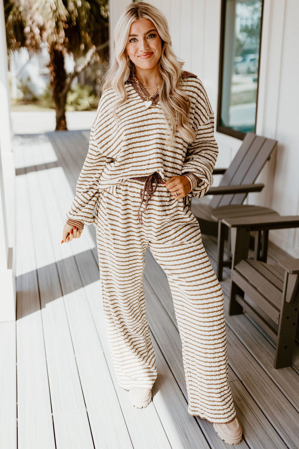 Khaki Stripe Textured Collared Pullover Top and Drawstring Pants Set