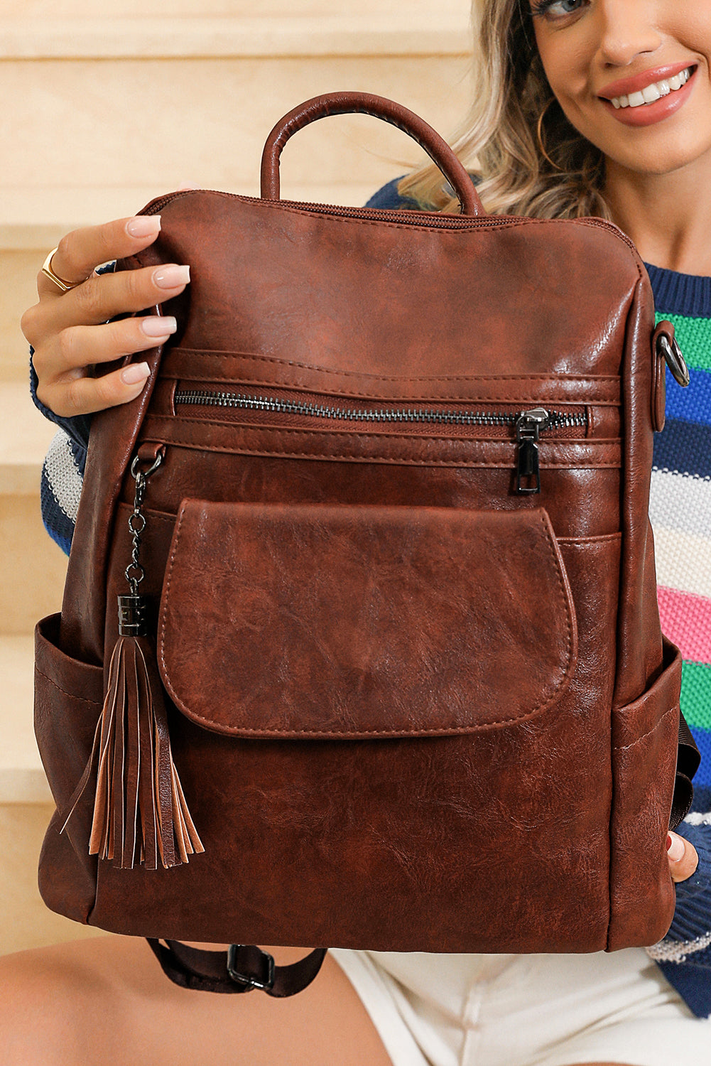 Dark Brown Tassel Decor Retro Backpack