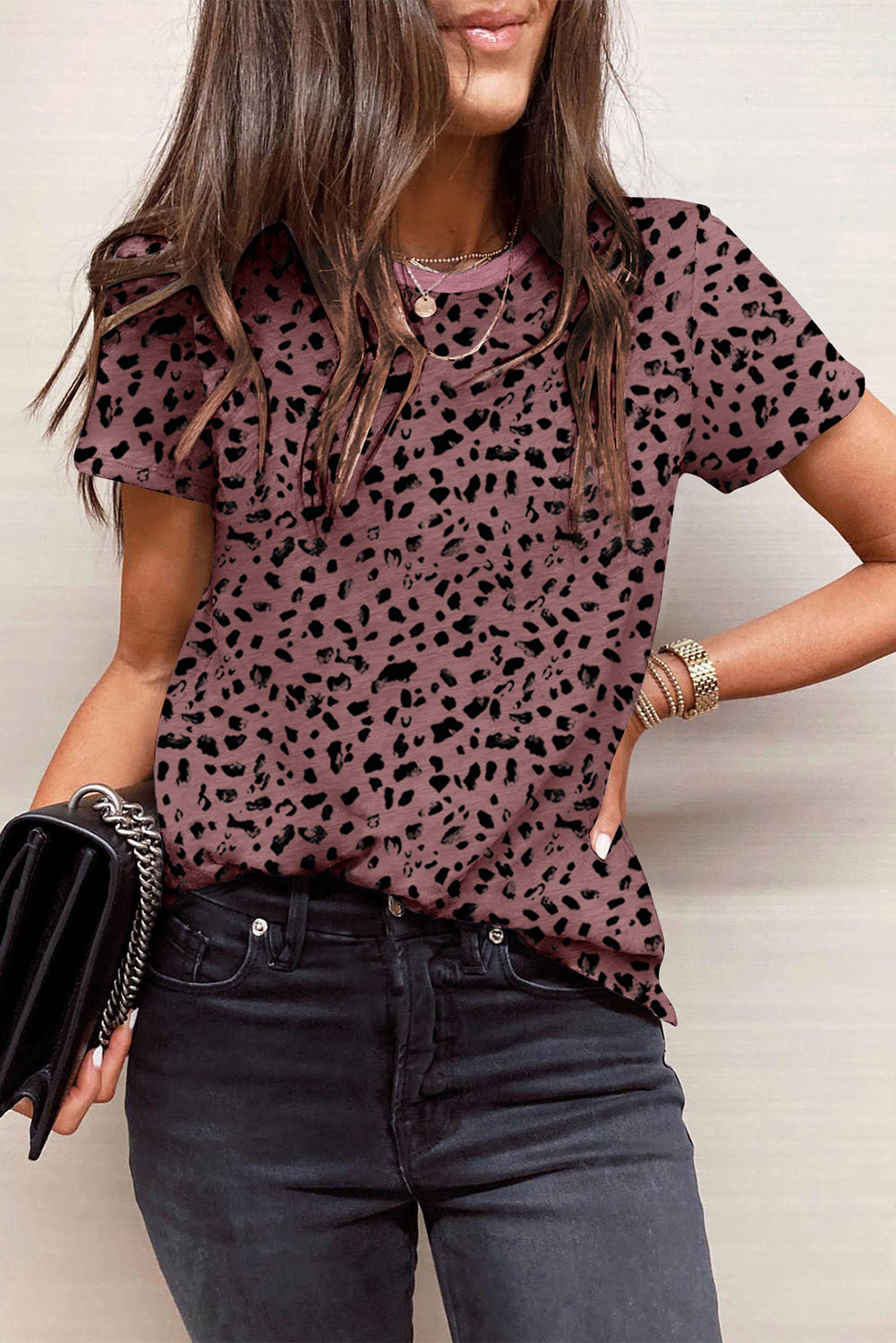 Cheetah Print Casual Crew Neck Tee