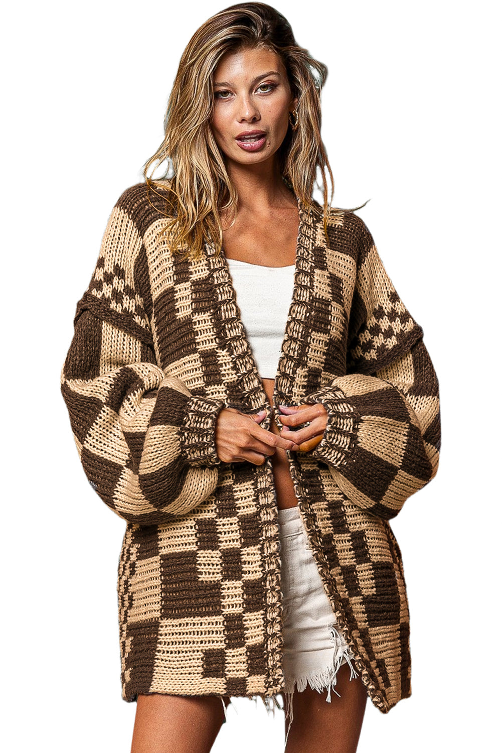 Colorblock Checked Loose Fit Open Front Knitted Cardigan