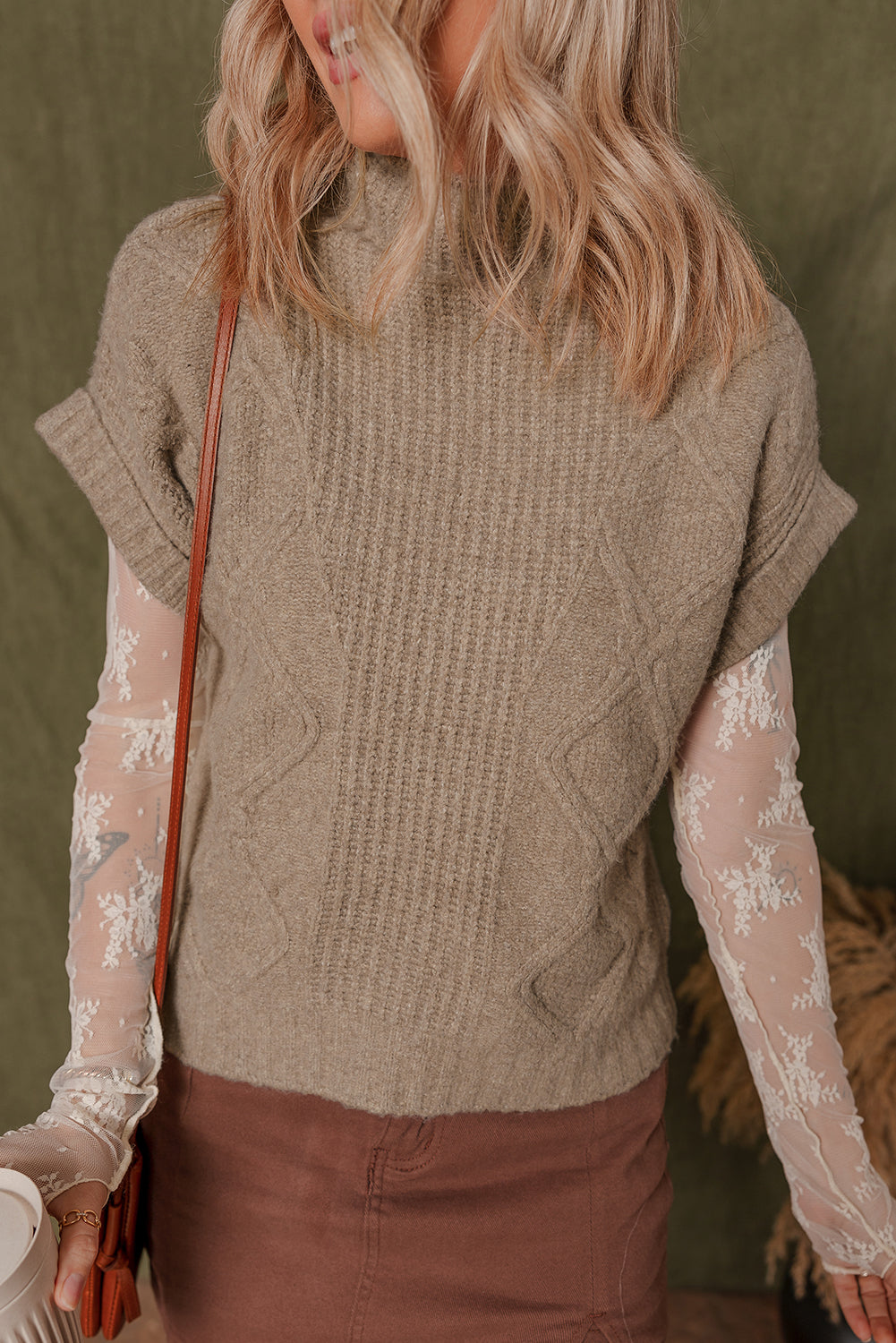 Smoke Gray Textured Knit Mock Neck Short Sleeve Sweater