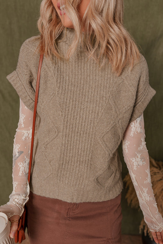 Smoke Gray Textured Knit Mock Neck Short Sleeve Sweater
