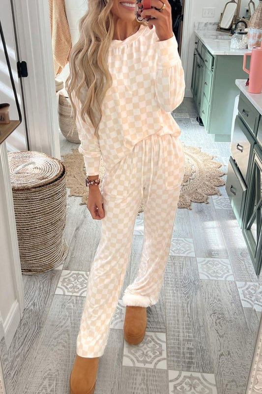 Checkered Print Long Sleeve Loose Fit Pajama Set