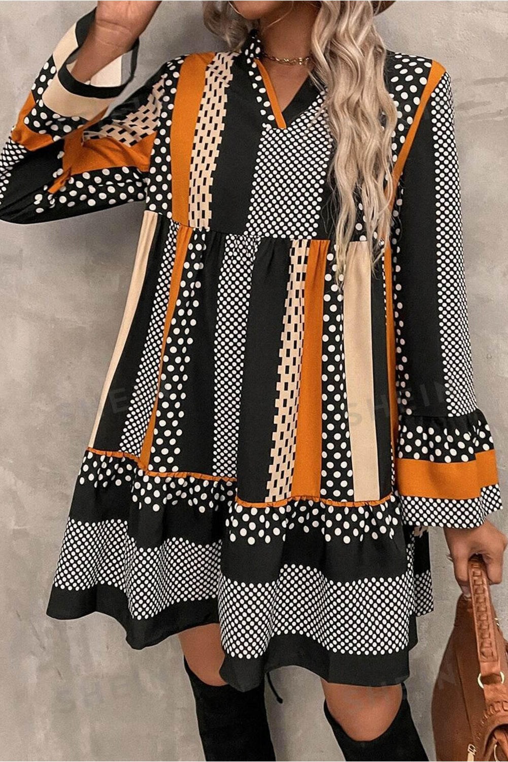 Striped Polka Dot Ruffle Hem Mini Dress