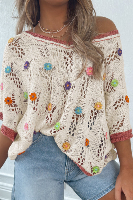 Delicate Flowers & Hollow Crochet Knit Top