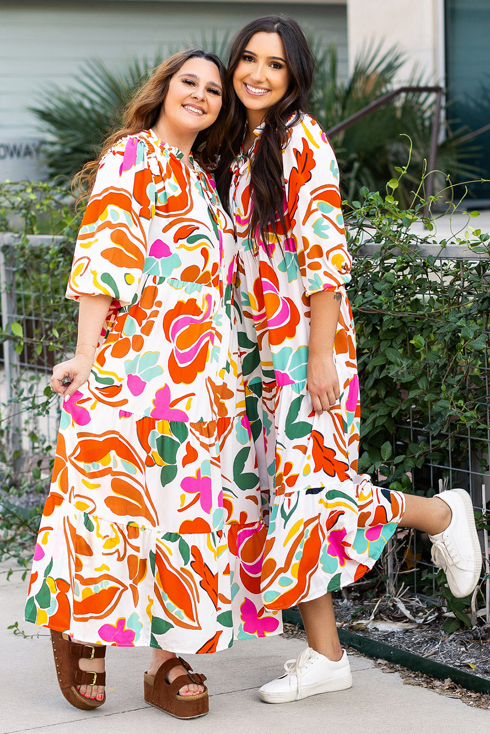 Big Floral Print Drawstring V Neck Tiered Plus Size Dress