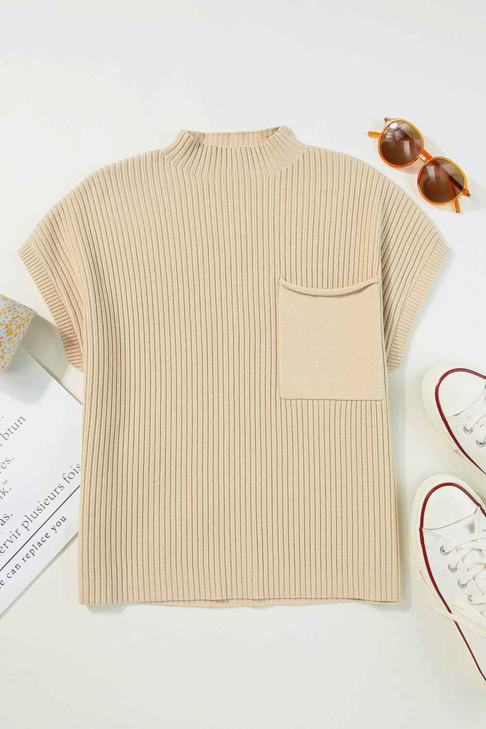 Patch Pocket Ribbed Short Sleeve Sweater