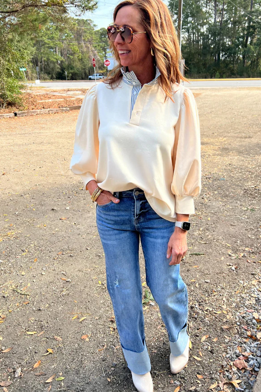 Striped Ruffle Button Neck Pullover Shirt (2 colors)