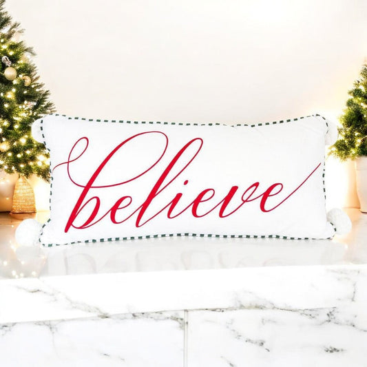 Believe Large Pillow White Tassel Ball