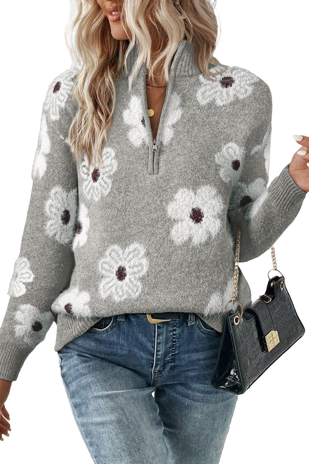 Vintage 60s Floral Pattern Half Zip Sweater