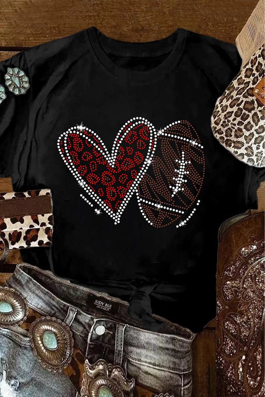 Black Rhinestone Heart Shape Graphic Tee