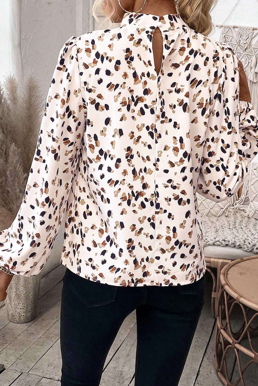 Leopard Print Puff Sleeve Pleated Blouse