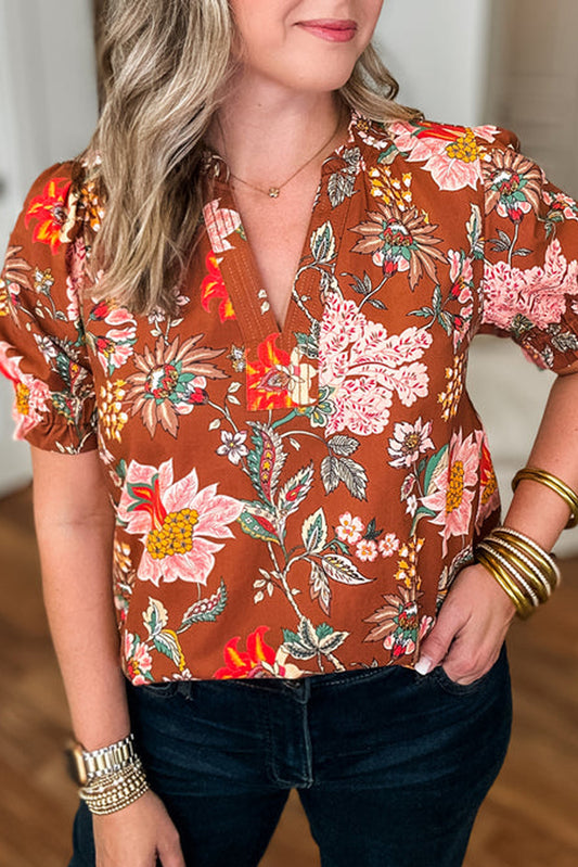 Brown Floral Stitched V Neck Puff Short Sleeve Blouse