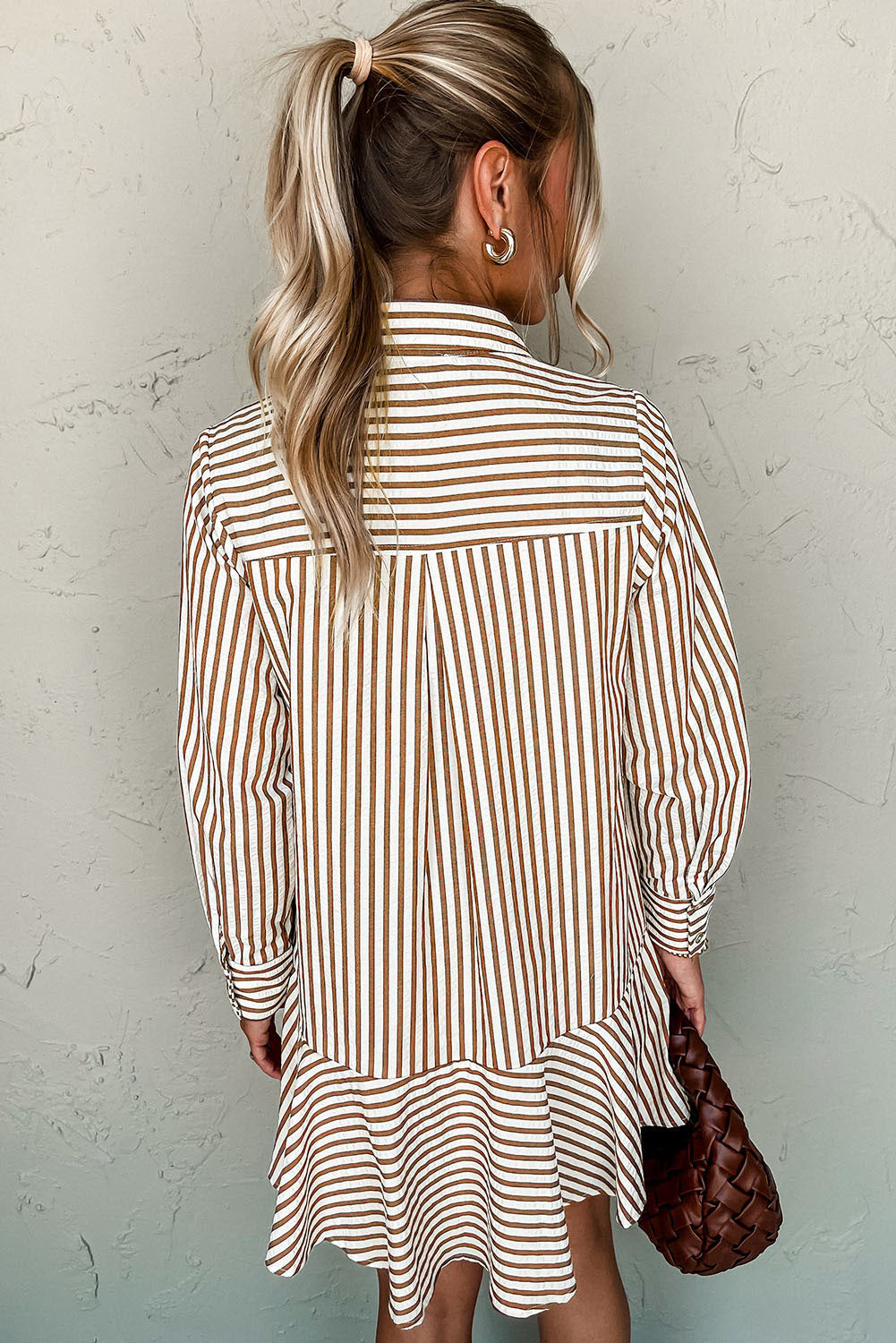Brown Stripe Ruffle Hem Shirt Mini Dress