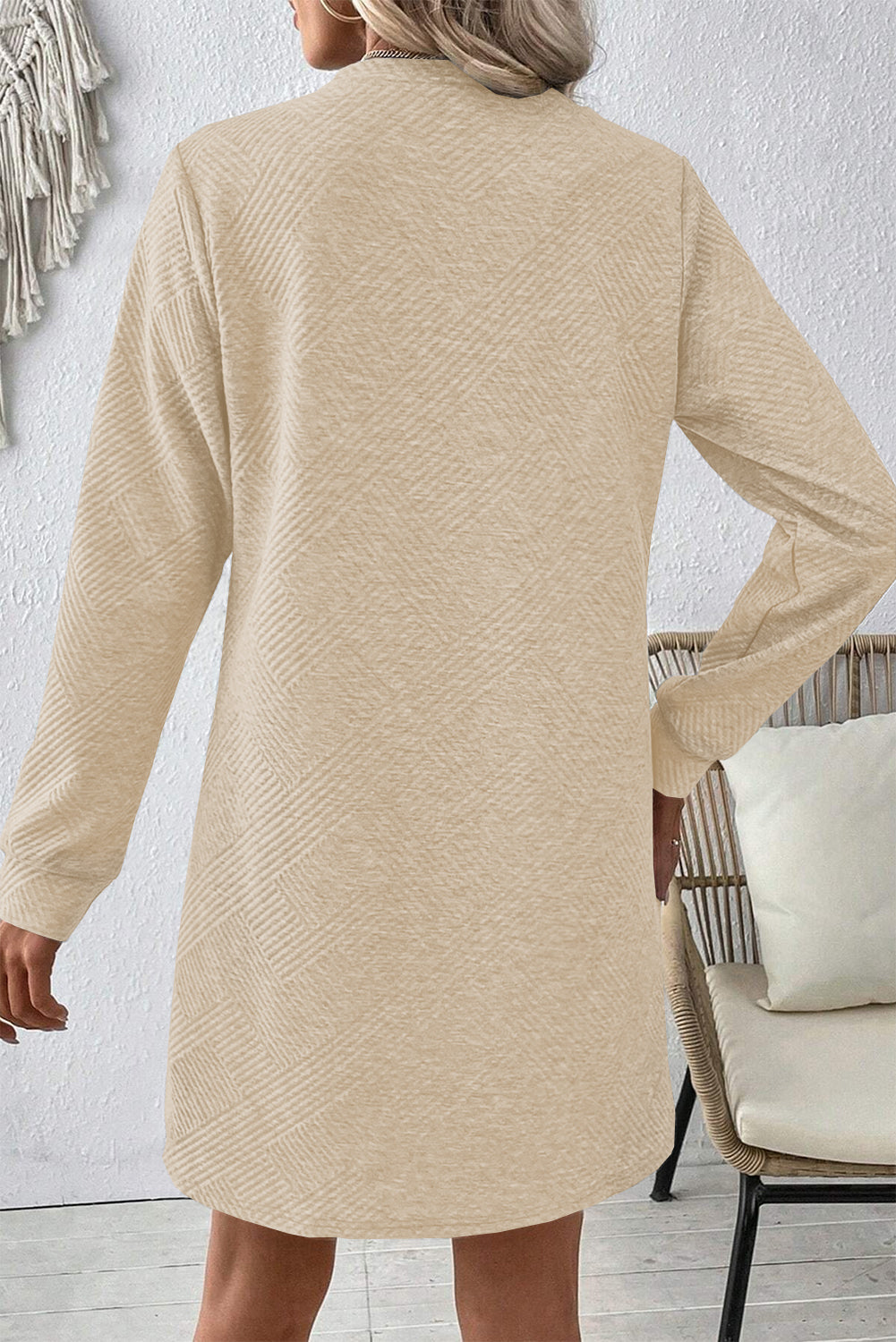 Plain Textured Long Sleeve Shift Short Dress (2 colors)