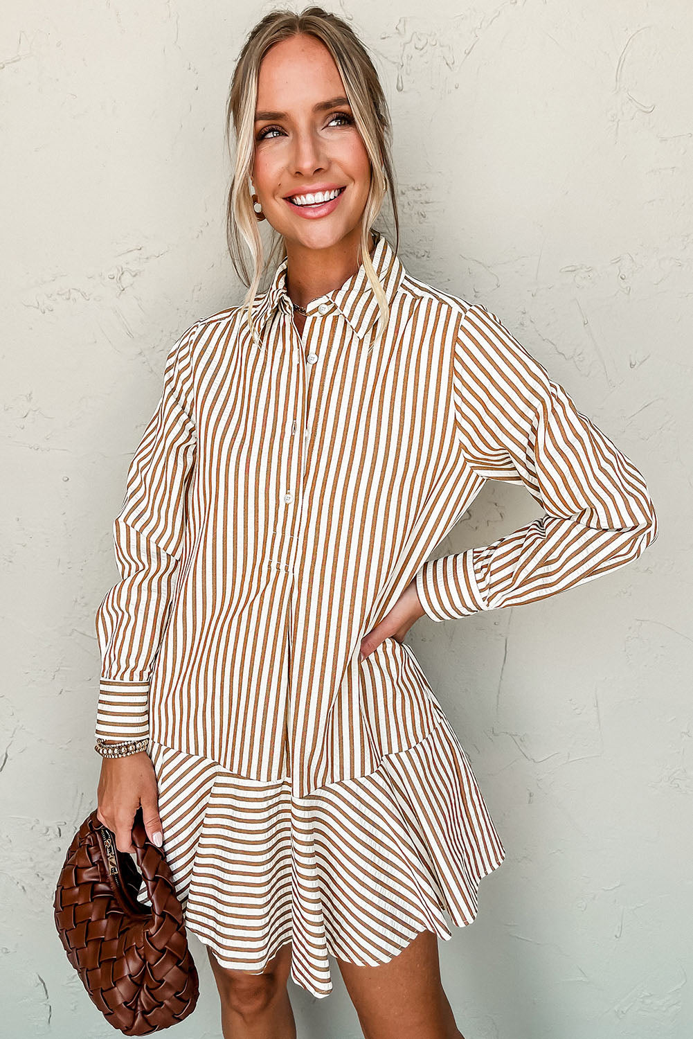 Brown Stripe Ruffle Hem Shirt Mini Dress