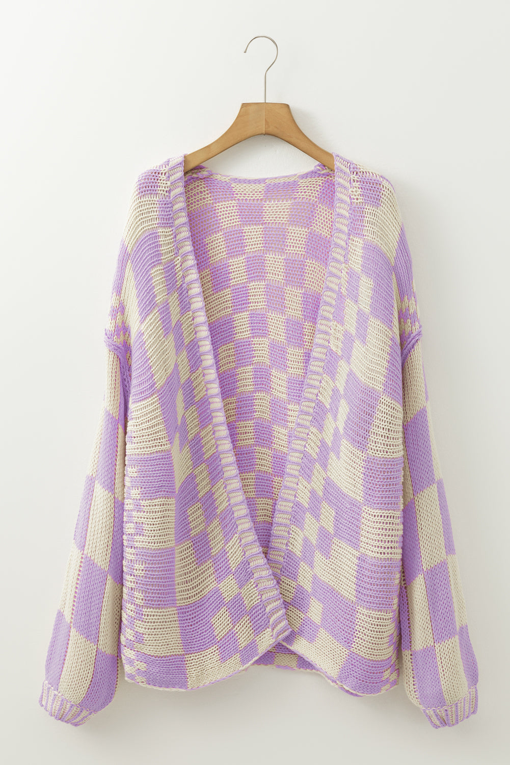 Colorblock Checked Loose Fit Open Front Knitted Cardigan