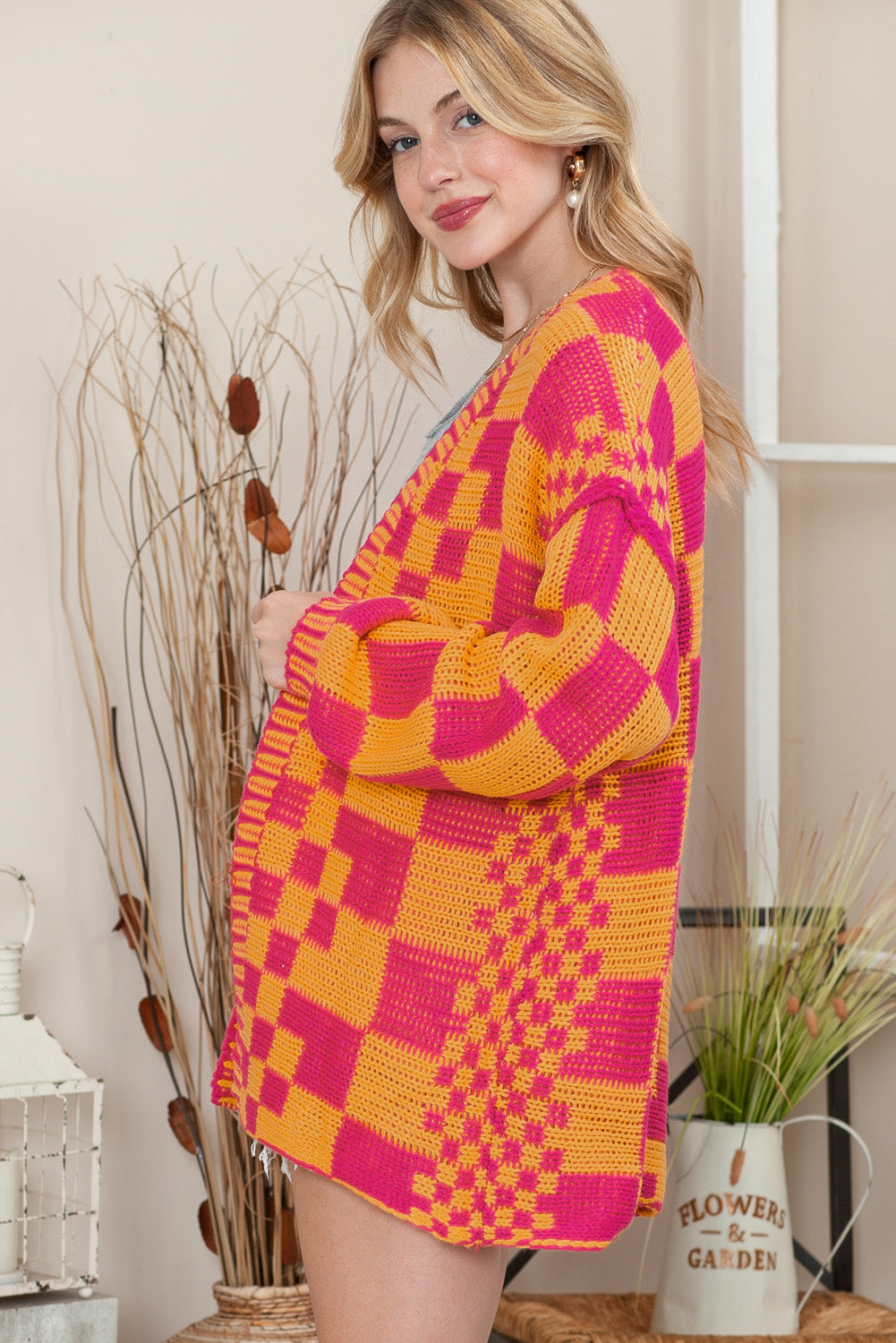 Colorblock Checked Loose Fit Open Front Knitted Cardigan