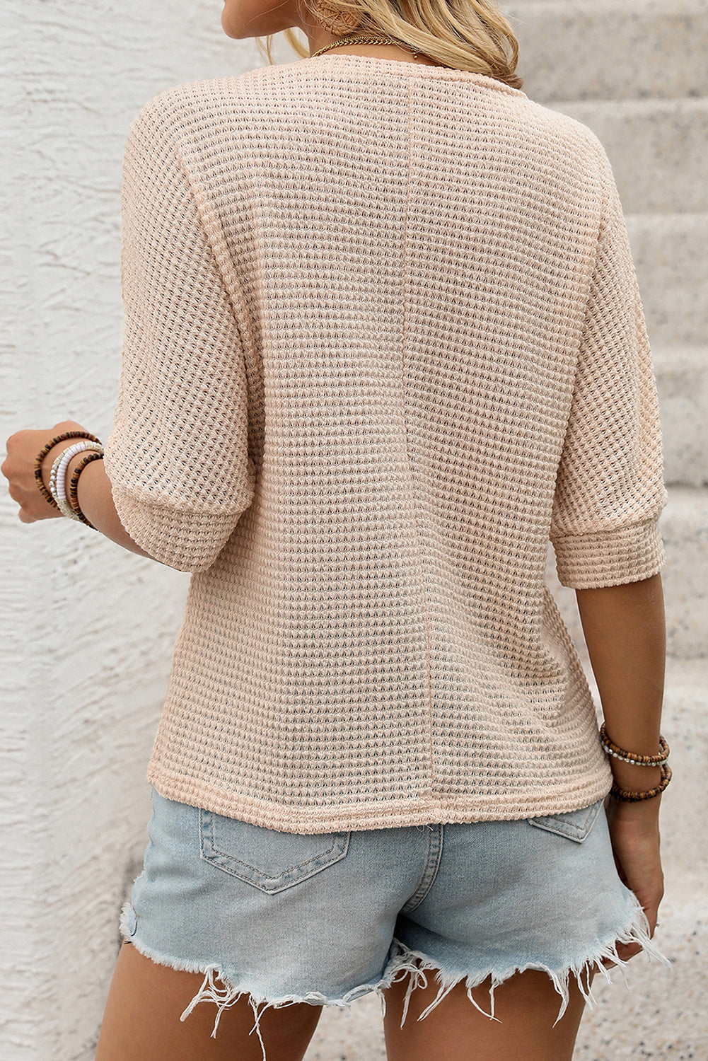 Flower Embroidered Waffle Knit T Shirt
