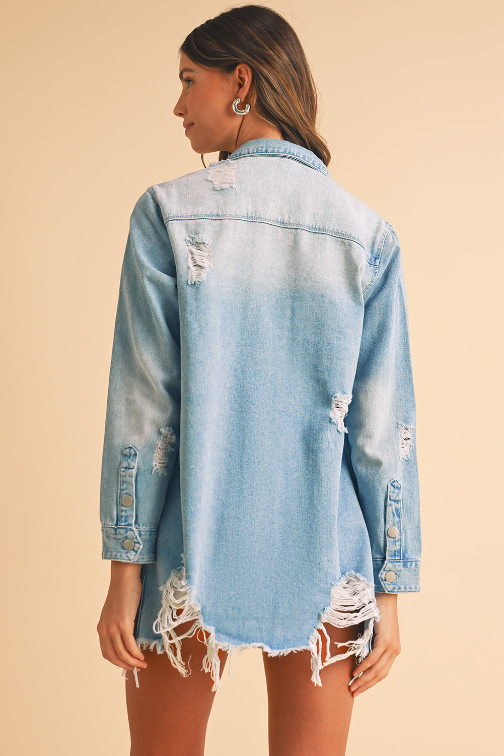 Light Wash Distressed Long Denim Jacket