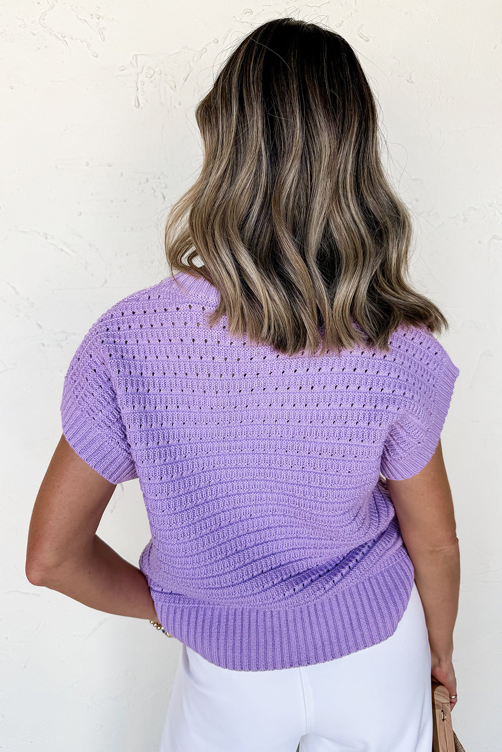 Lavender Solid Ribbed Trim Pointelle Knit Top