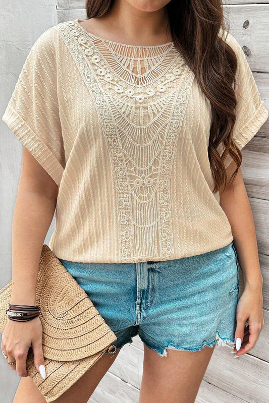 Beige Lace Crochet Short Sleeve Plus Size Top