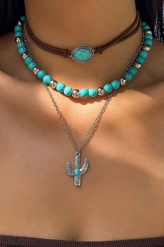 Turquoise Vintage Cactus Pendant Beaded Necklace Set