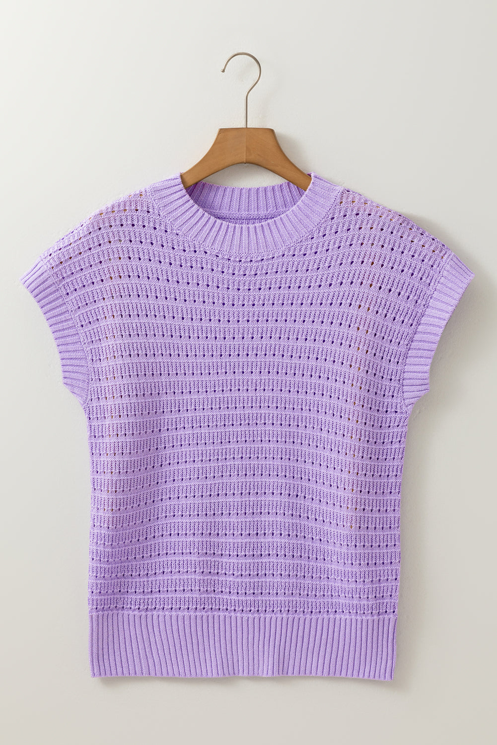 Lavender Solid Ribbed Trim Pointelle Knit Top