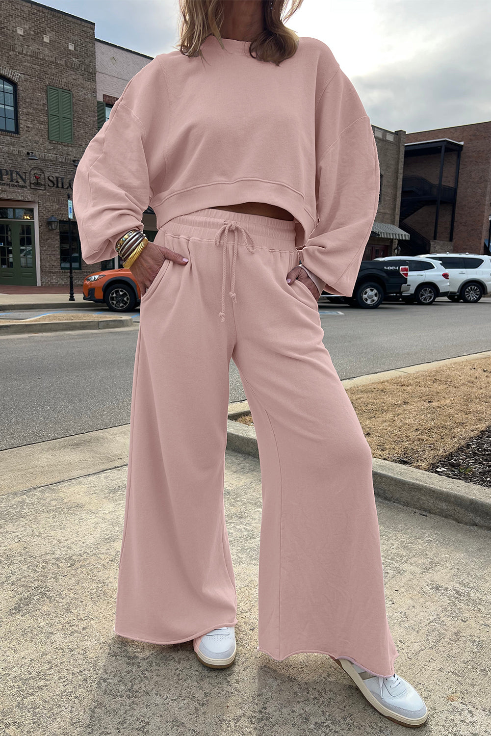 Drop Shoulder Crop Pullover and Drawstring Wide Leg Pants Set