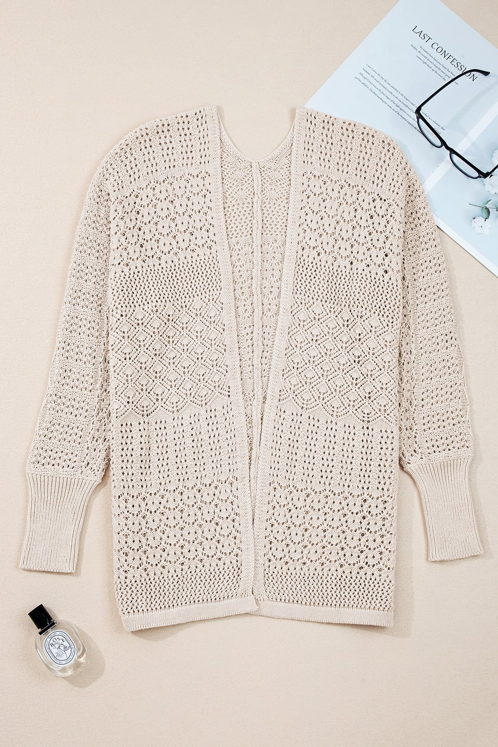 Mix Pattern Hollow Knit Open Front Cardigan