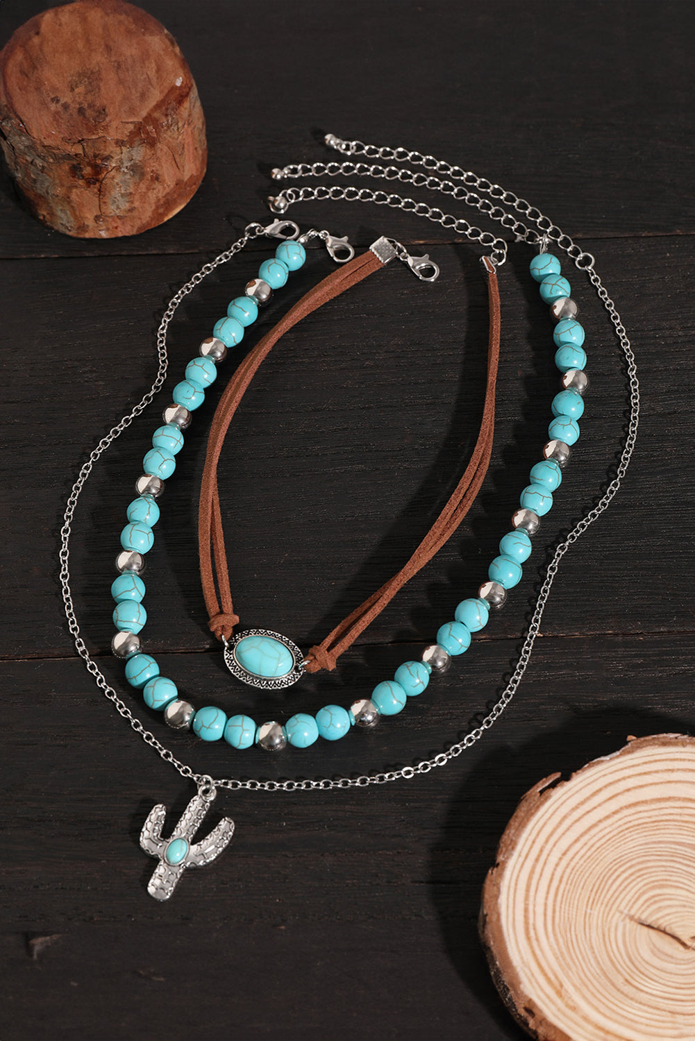 Turquoise Vintage Cactus Pendant Beaded Necklace Set