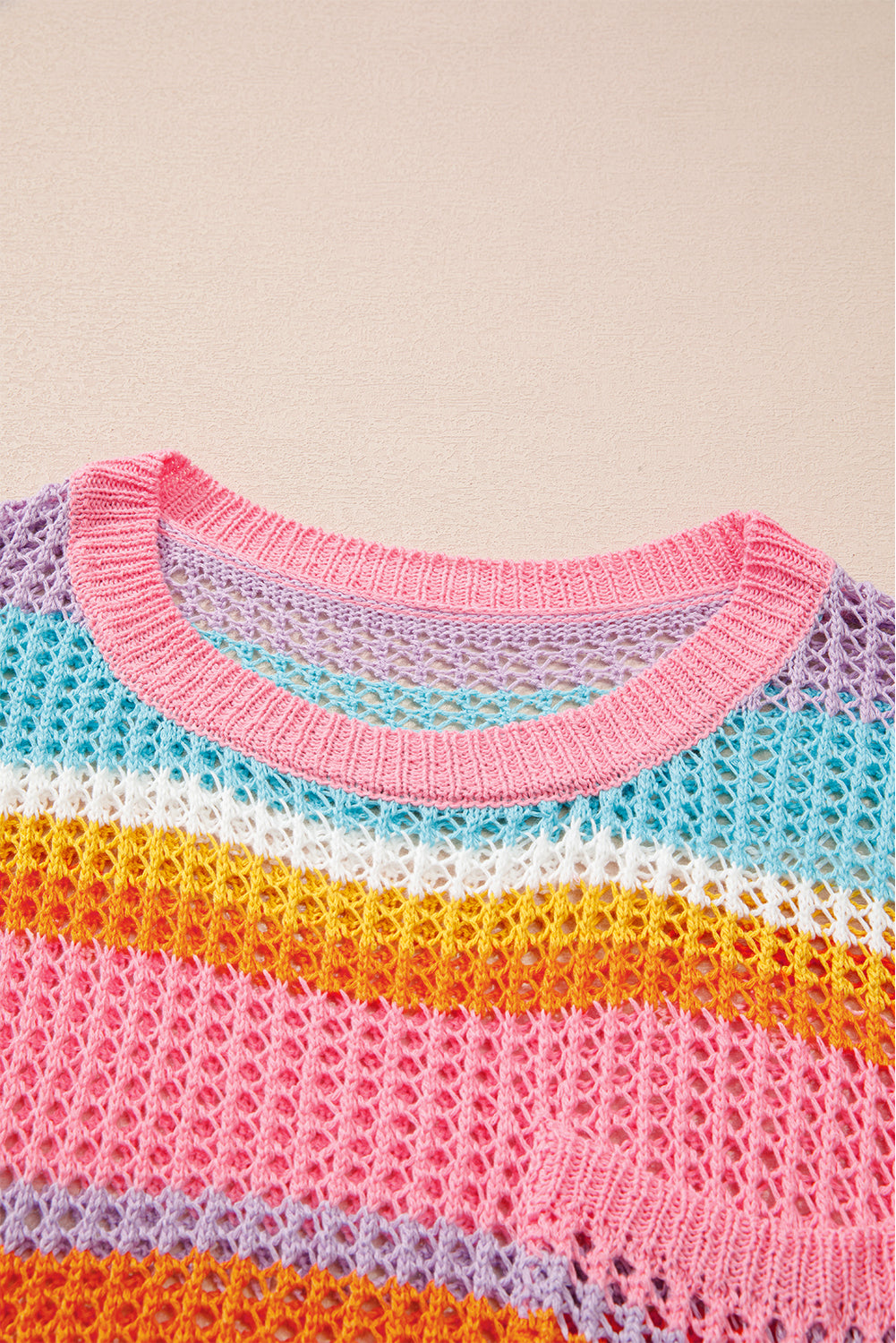 Multi Stripe Plus Size Open Knit Short Sleeve Sweater