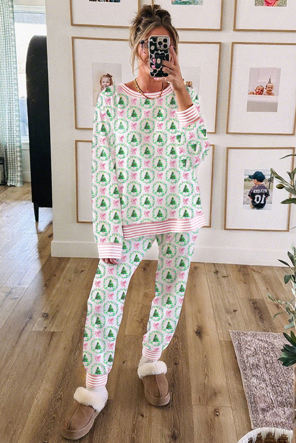 Green Bow Christmas Tree Print Contrast Striped Trim 2pcs Lounge Set