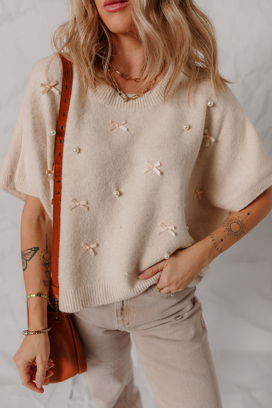 Oatmeal Pearl Embellished Dolman Sleeve Sweater