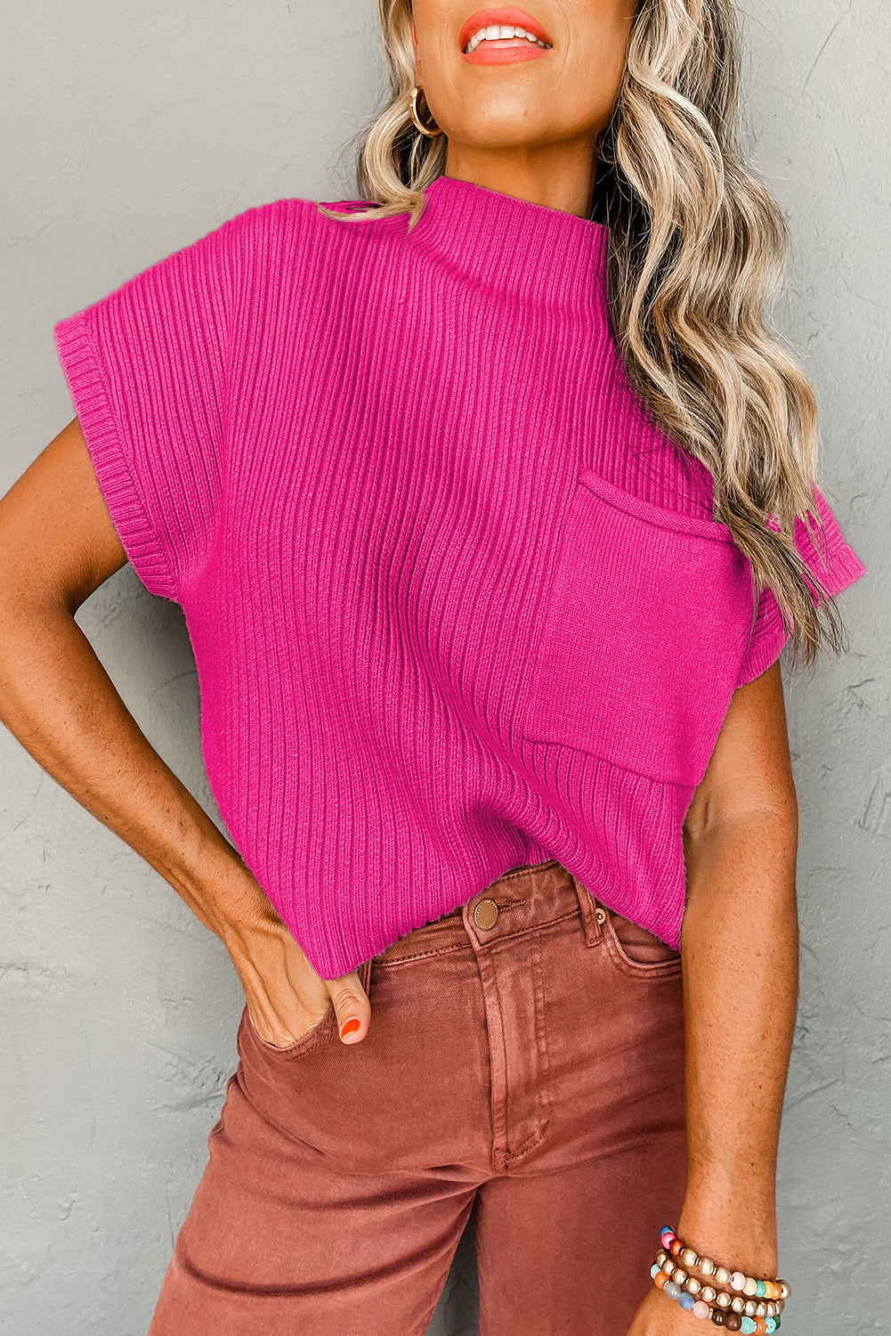 Patch Pocket Ribbed Short Sleeve Sweater