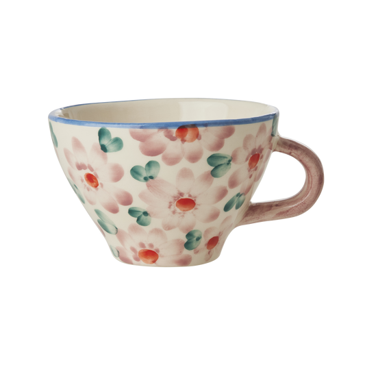 Ceramic Tea Cup with Hand Painted Flowers - Pink - 5.0 oz