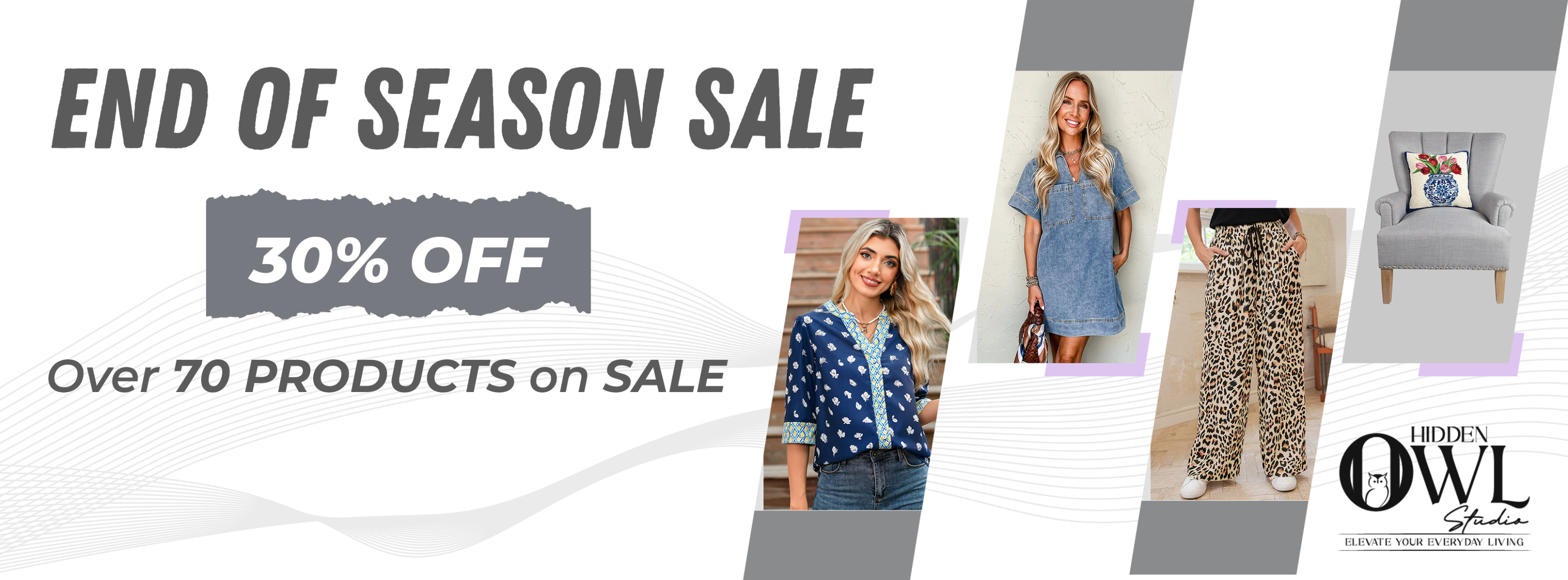 End of season sale banner with discounts and product images, featuring the brand 'Hidden Owl Studio'