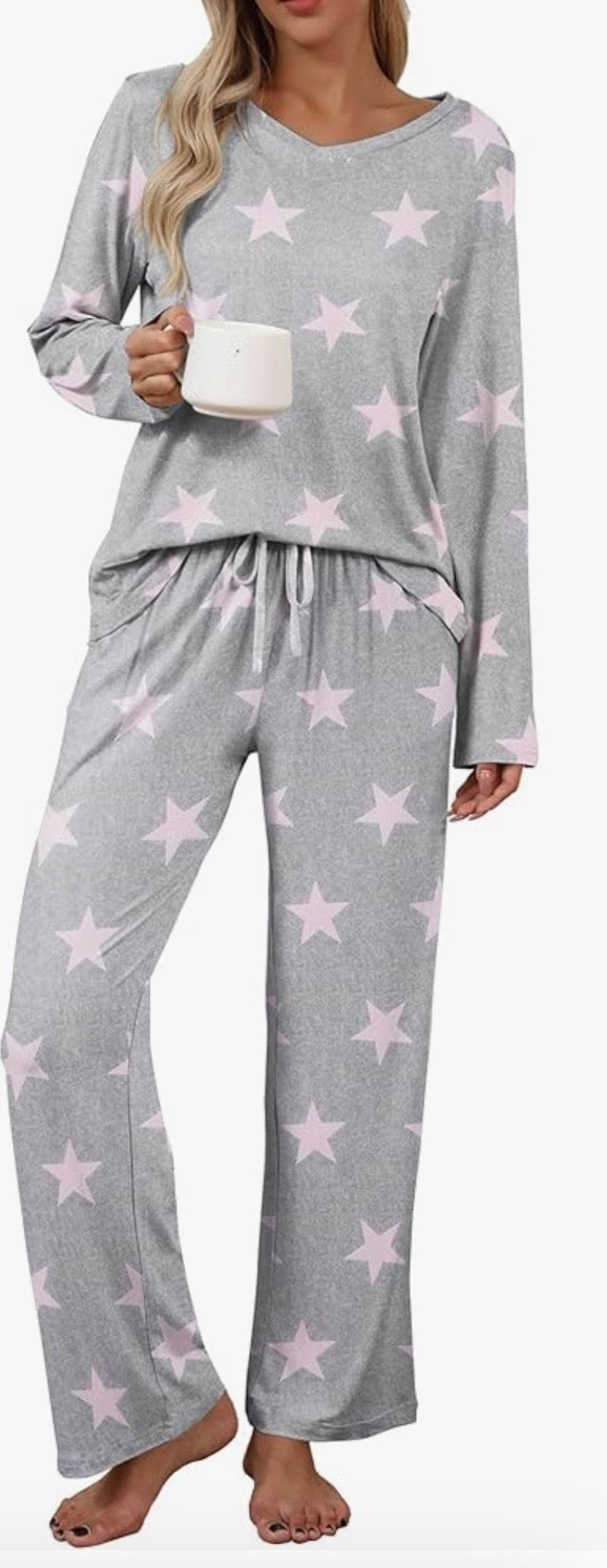 Gray or Black Star Print Two Piece Pajama (pockets)