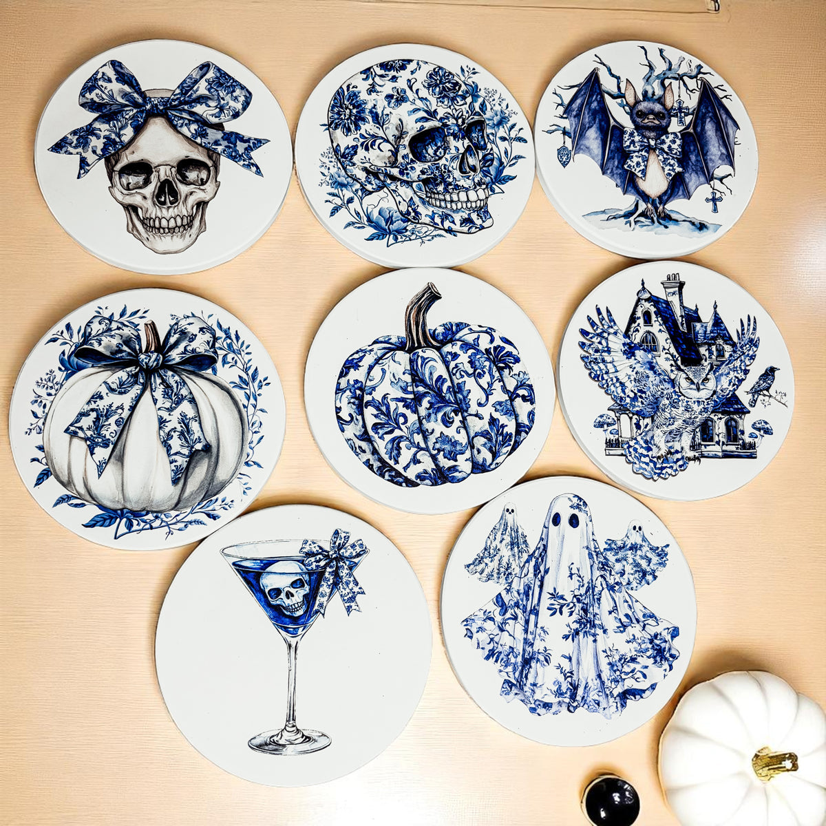 Chinoiserie Blue & White Halloween Coasters Set