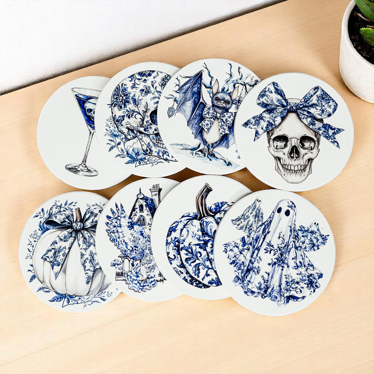 Chinoiserie Blue & White Halloween Coasters Set