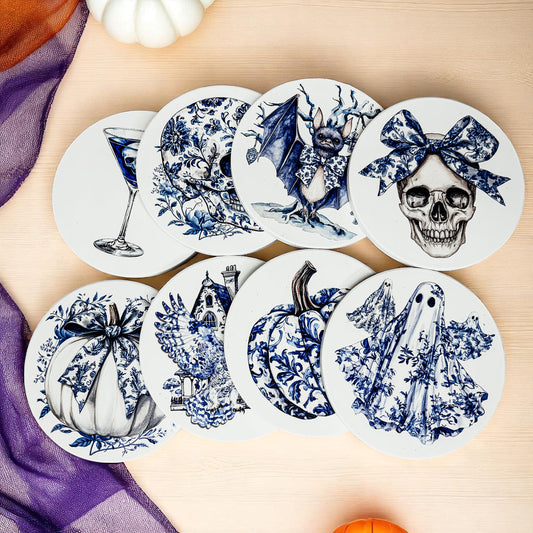 Chinoiserie Blue & White Halloween Coasters Set