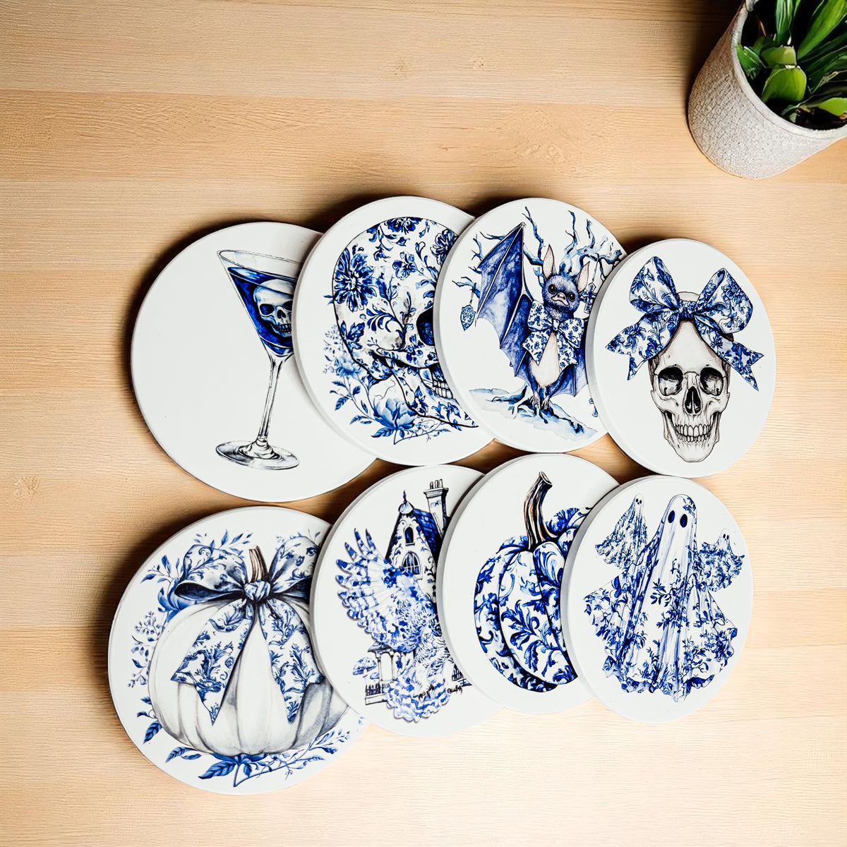 Chinoiserie Blue & White Halloween Coasters Set