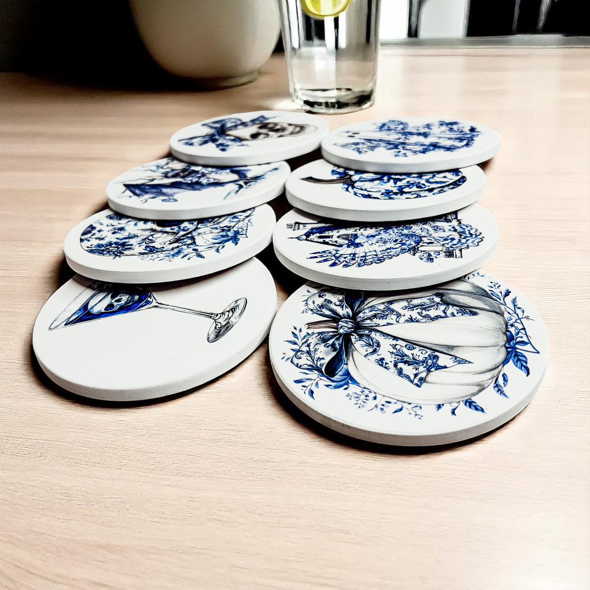 Chinoiserie Blue & White Halloween Coasters Set