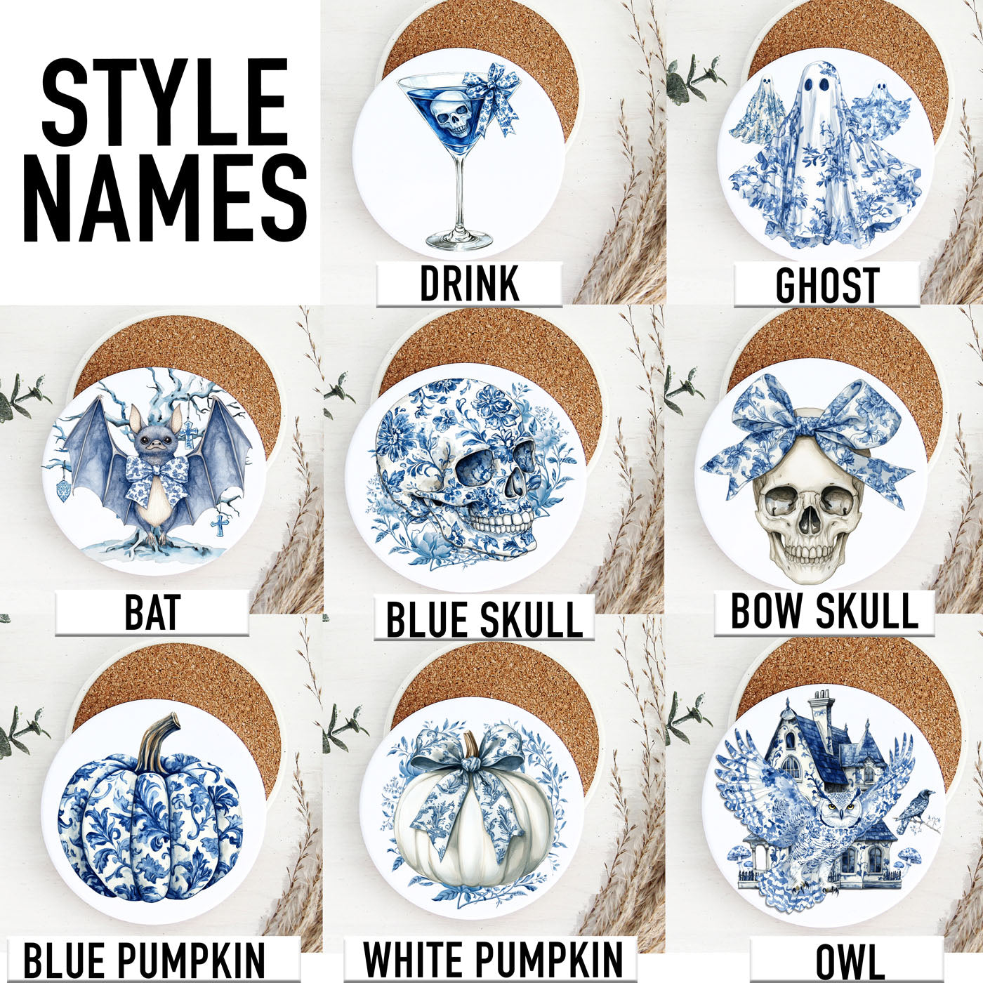Chinoiserie Blue & White Halloween Coasters Set